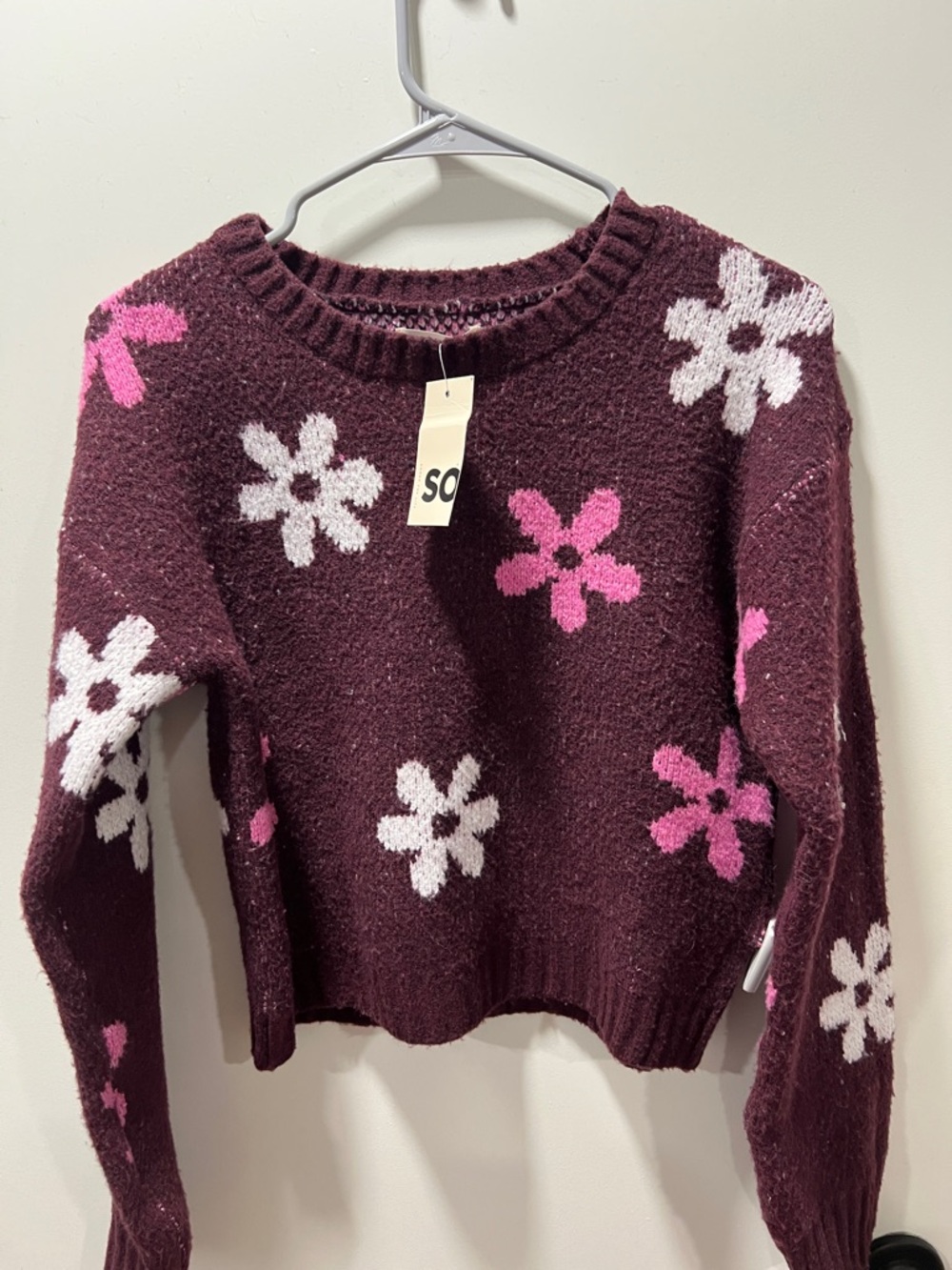 SO Floral Crewneck Sweater - Burgundy with Pink & White Flowers